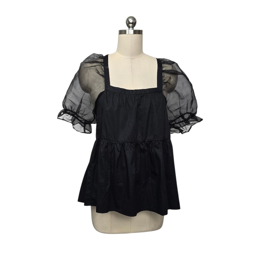 Pomander Place Black Sheer Puff Sleeve Babydoll Top Open Back Tie Womens Size XS